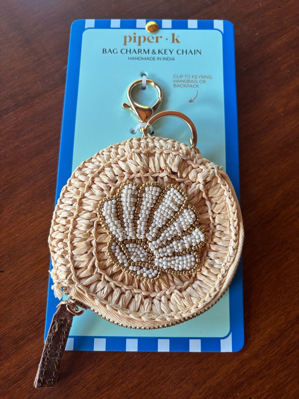 NWT Piper·k Gold Straw pouch beaded seashell Bag Charm Key Chain